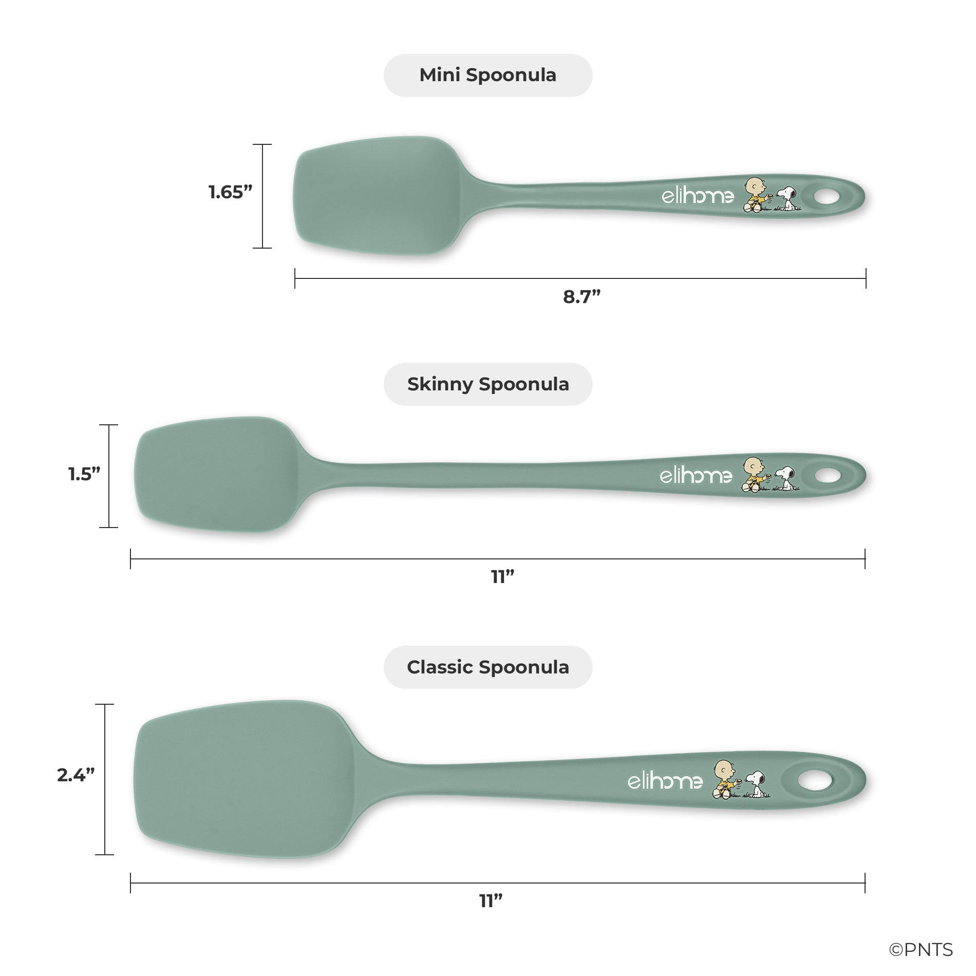 Measurement chart of blue spoonulas with dimensions and 'elthome' branding.