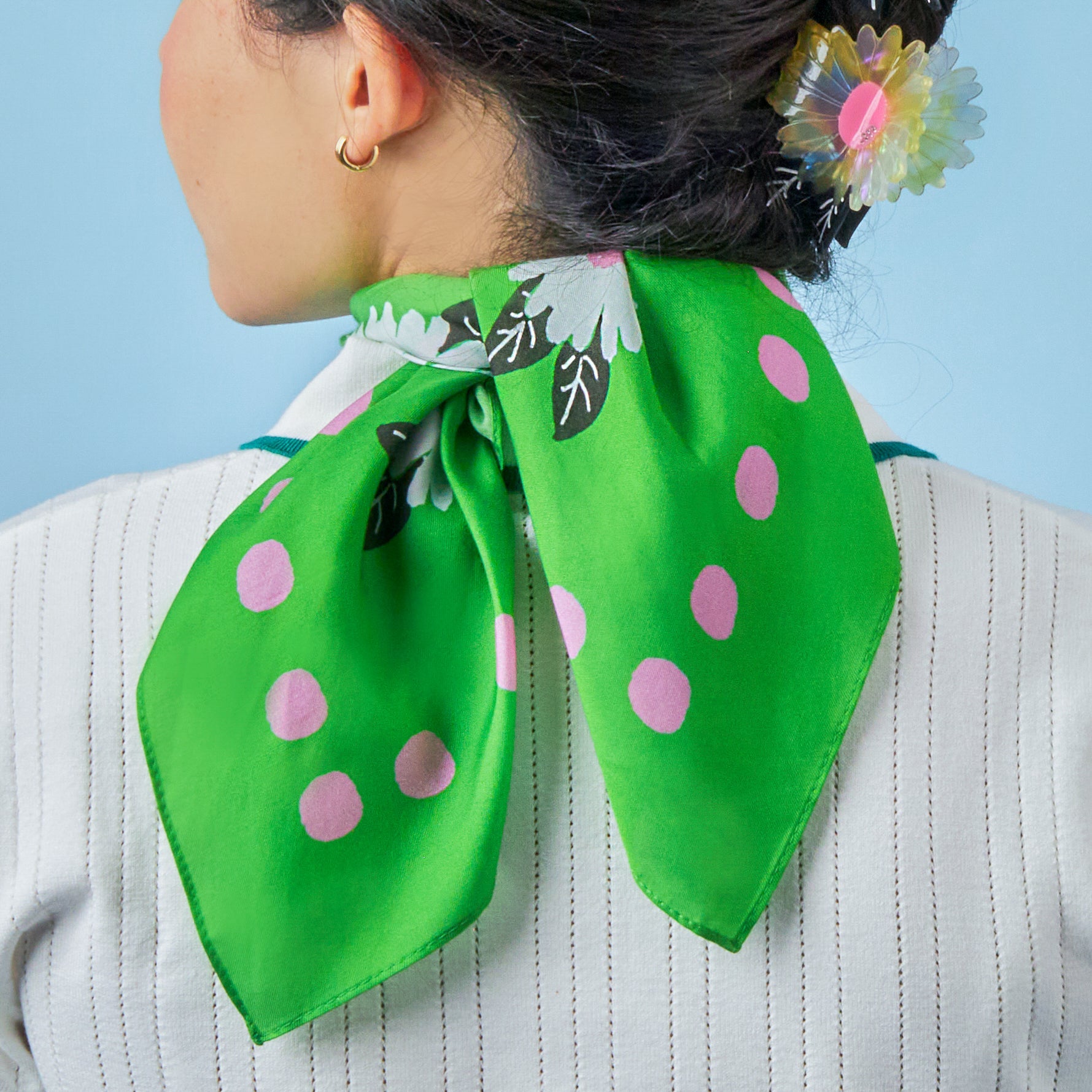 White flowers floral cotton silk bandana in green, pink and black from Centinelle, perfect for a neckerchief or headscarf. Made of a luxurious cotton and silk twill blend with a precise machine-stitched hem. Ethically sourced 