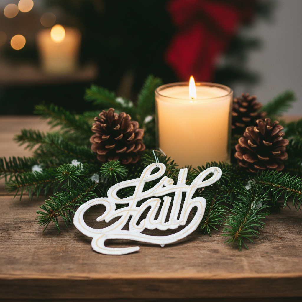 White Faith Ornament on rustic holiday table - SM114
