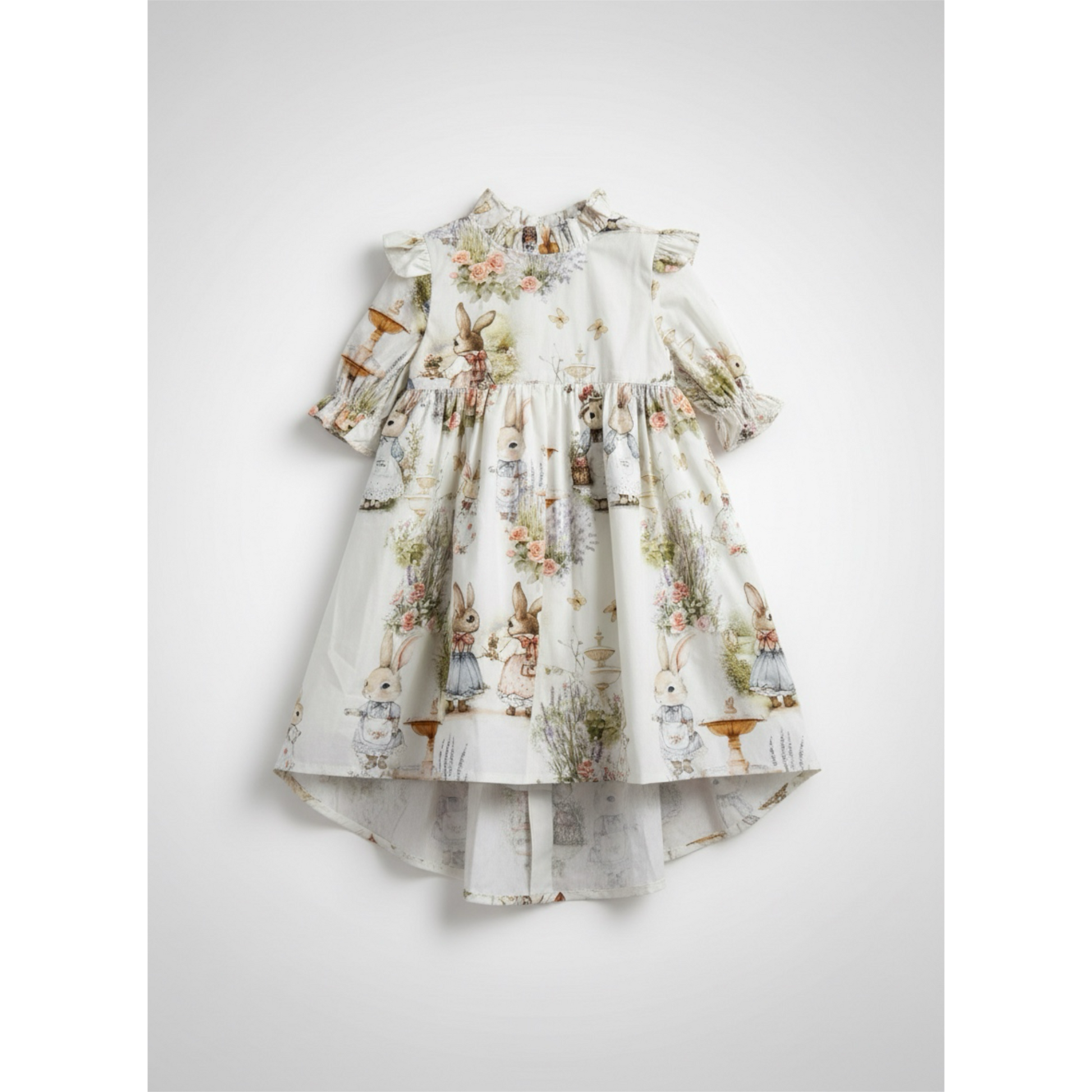 Rabbit and Floral print storybook dress with a white background