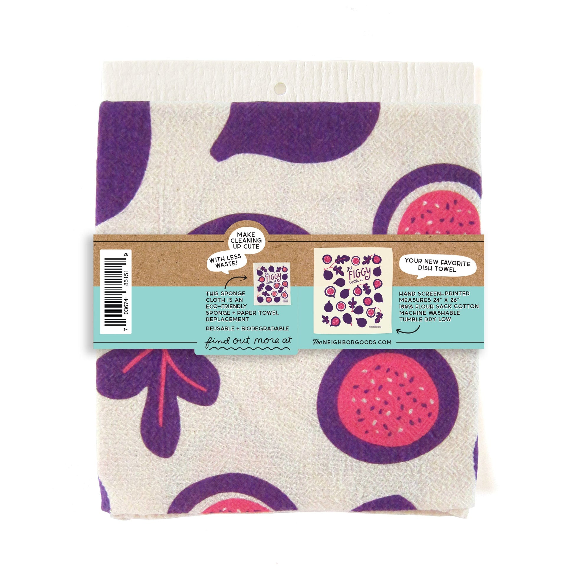 Cotton dish towel with figs design, featuring the phrase "Get figgy with it"