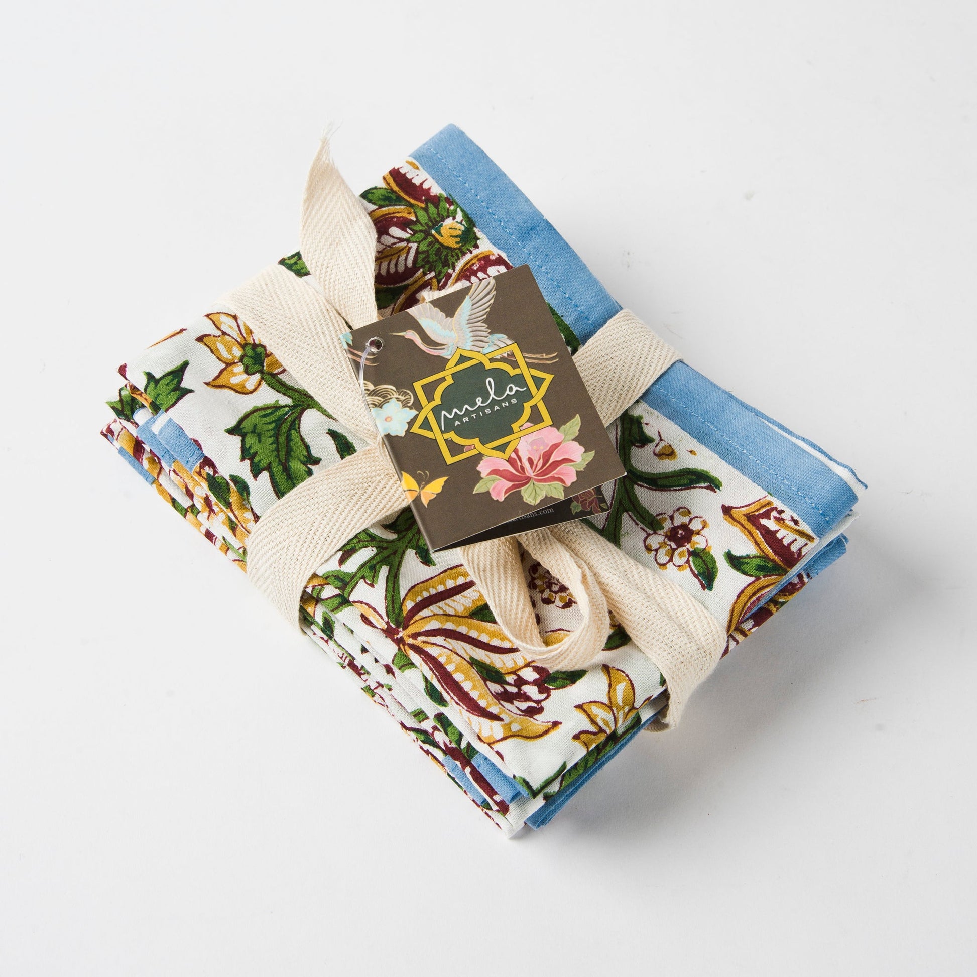 Angled view of a draped Florin napkin showcasing artisan block print details.