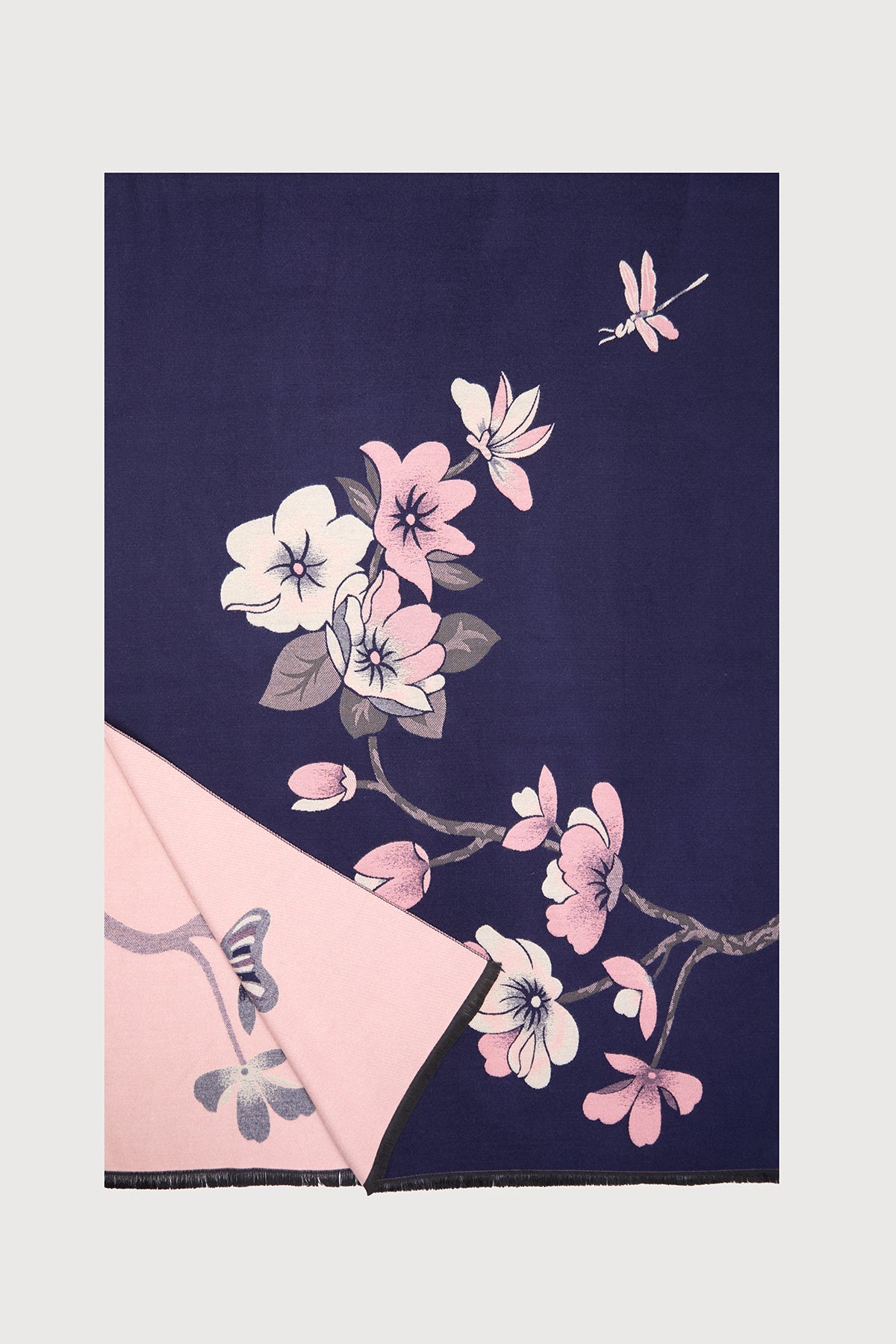 Floral Reversible Scarf Navy Pink - Navy