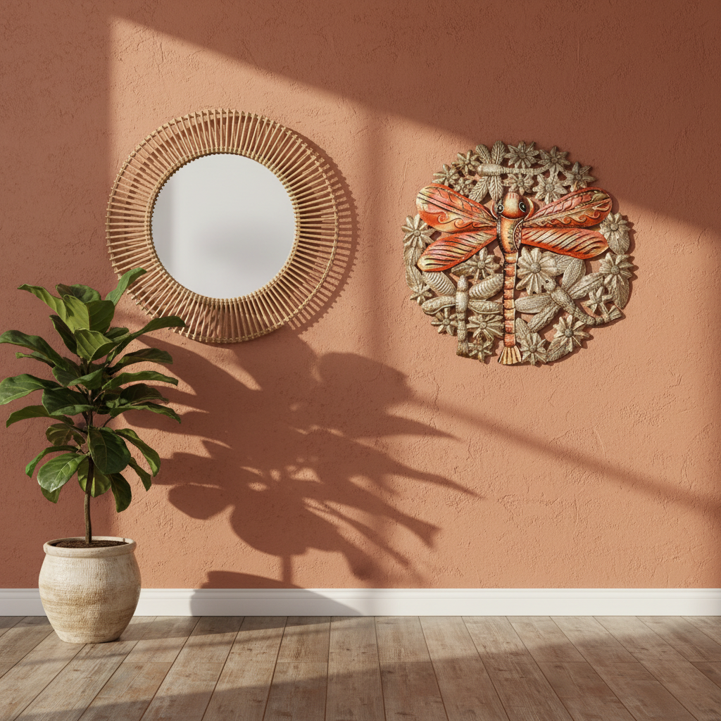 Painted King of the Dragonflies Haitian metal art on accent wall entryway home decor – RND03922