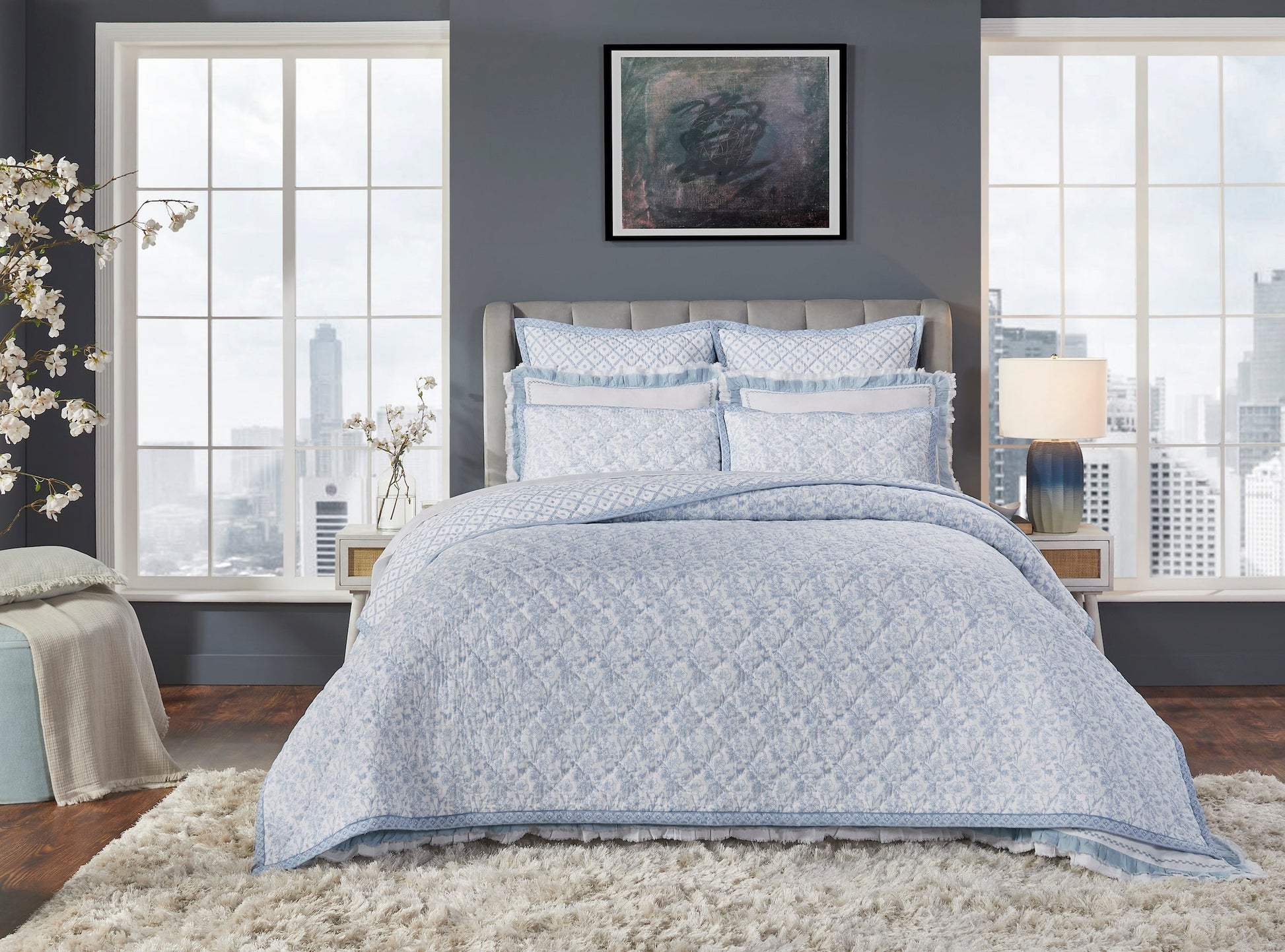 QT-345-11096_1|Light blue floral patterned quilt with diamond stitching, perfect for a serene and elegant bedroom aesthetic.