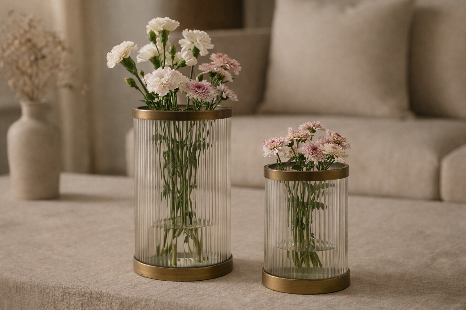 Two glass vases with flowers on a table in a living room setting.
