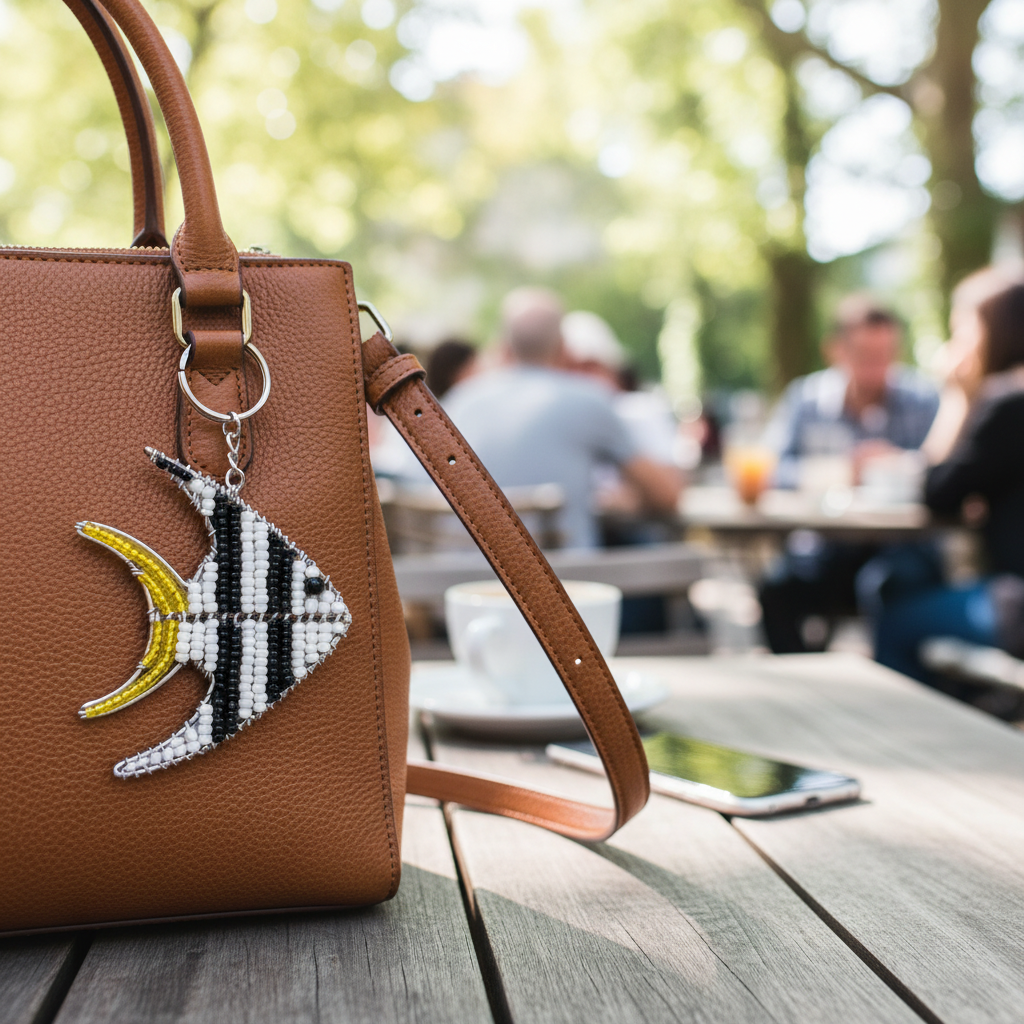 Angel Fish Keyring hanging from a handbag at an outdoor café