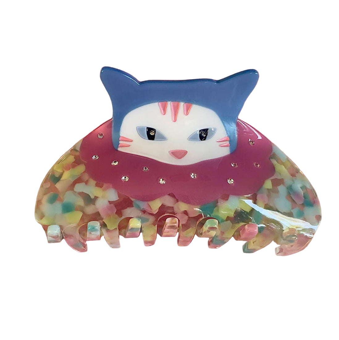 Cat clown hair claw with blue hat and pink collar and multicolor teeth