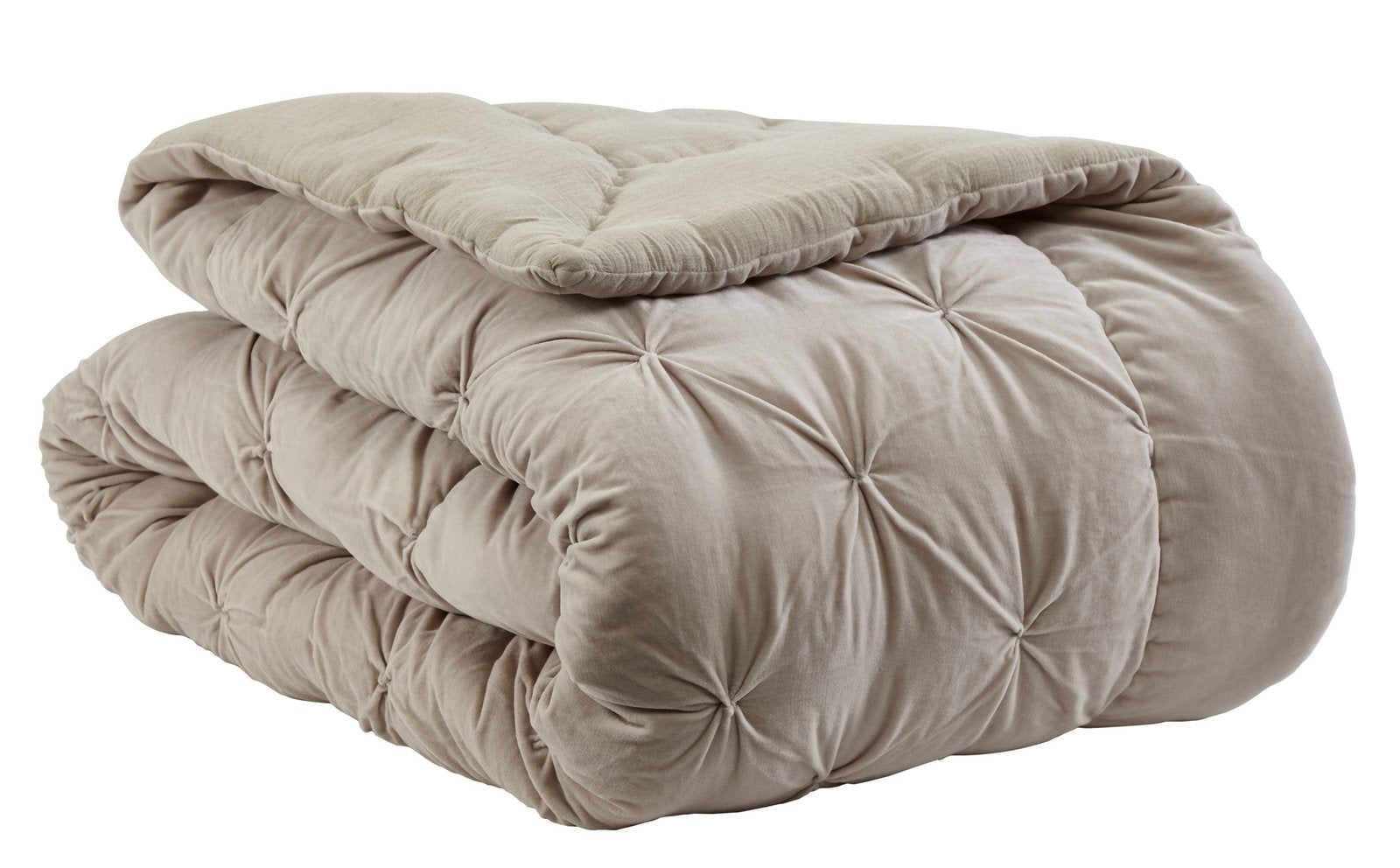 QT-325-11096_2|Folded beige pleated velvet quilt, highlighting its intricate texture and plush material. Ideal for stylish bedroom layering.