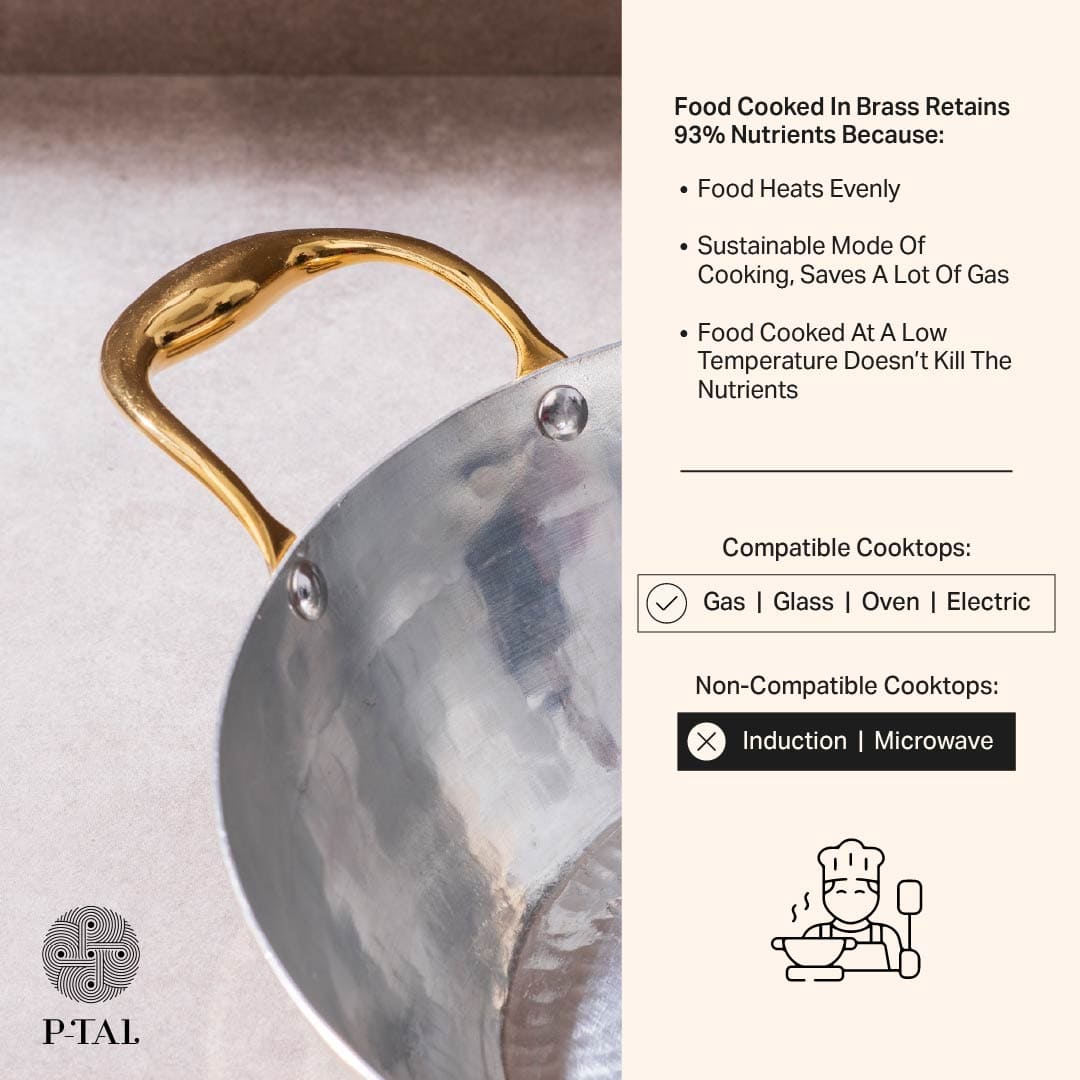 Brass Flat Base Wok with Glass lid - Kadhai (Deep & flat bottom cooking/serving utensil - karahi) P-TAL