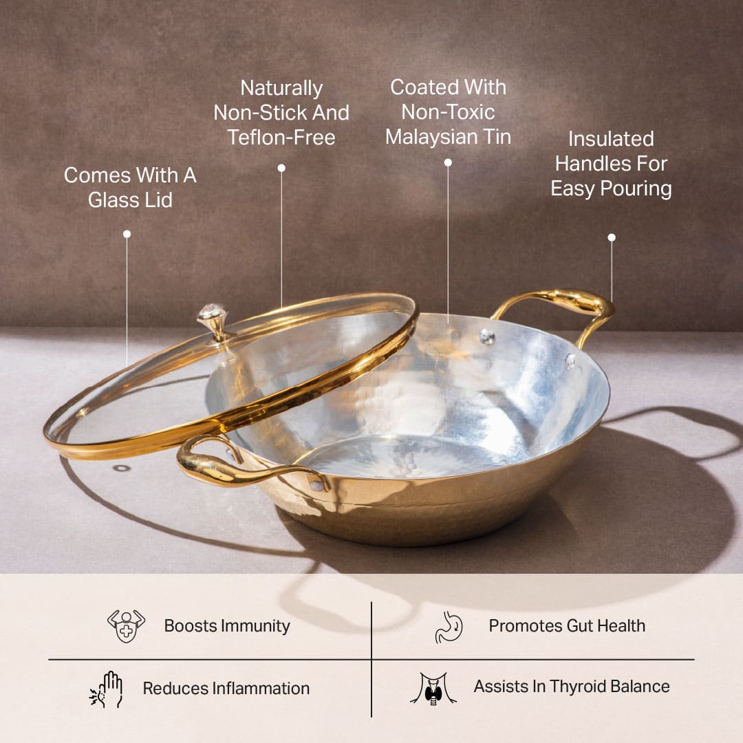 Brass Flat Base Wok with Glass lid - Kadhai (Deep & flat bottom cooking/serving utensil - karahi) P-TAL