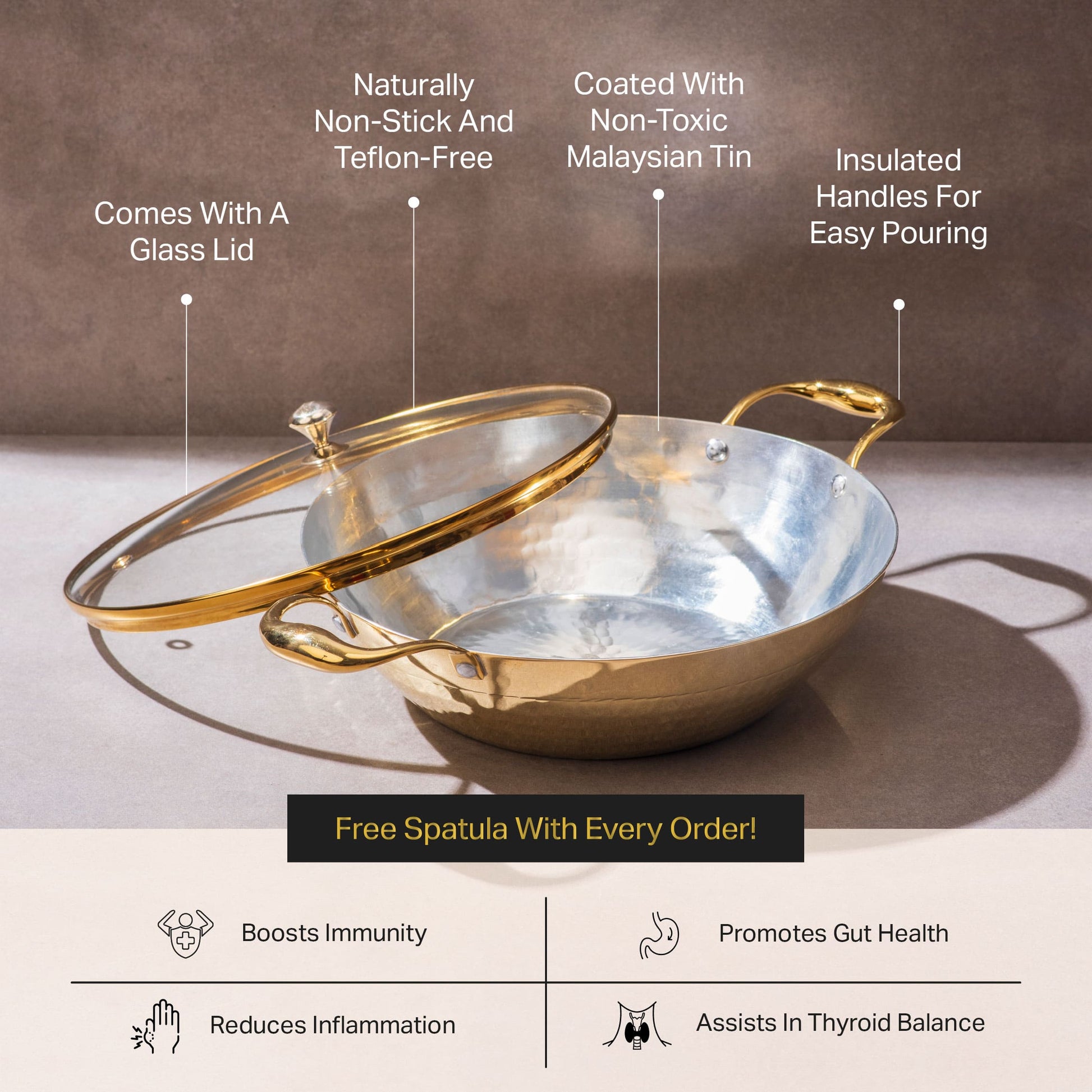 Set of 3 Brass Woks with Glass lids/Kadhai (Circular & Deep cooking/ serving Utensil) - 1L round, 3L round and 3L flat 6 Pieces Set P-TAL