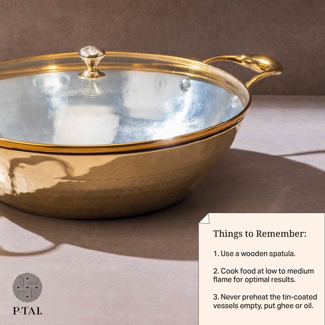 Brass Flat Base Wok with Glass lid - Kadhai (Deep & flat bottom cooking/serving utensil - karahi) P-TAL