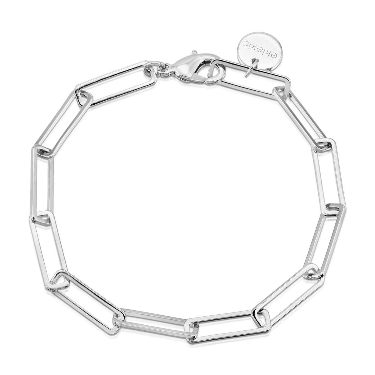 Silver large rectangle link chain bracelet showing a stylish silver rectangular link bracelet