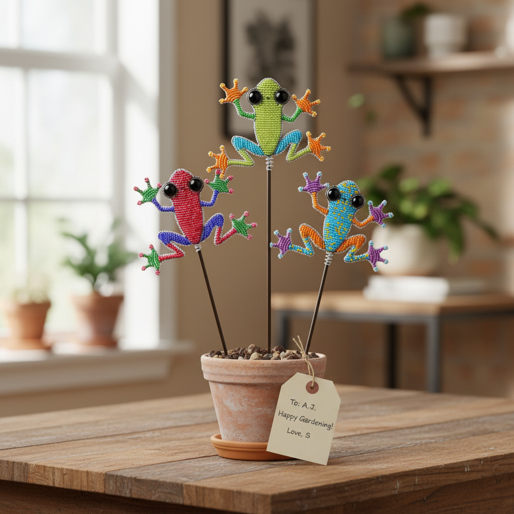 Beaded frog garden stake gift set displayed on a rustic wooden table with gift tag