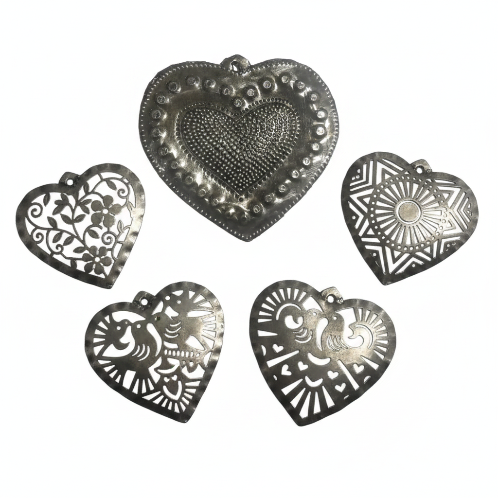 Assorted Small Hearts Set of 4 - Haitian metal art heart ornaments on white background