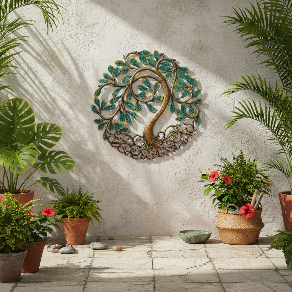 Painted Shining Tree Haitian metal art displayed on outdoor patio wall