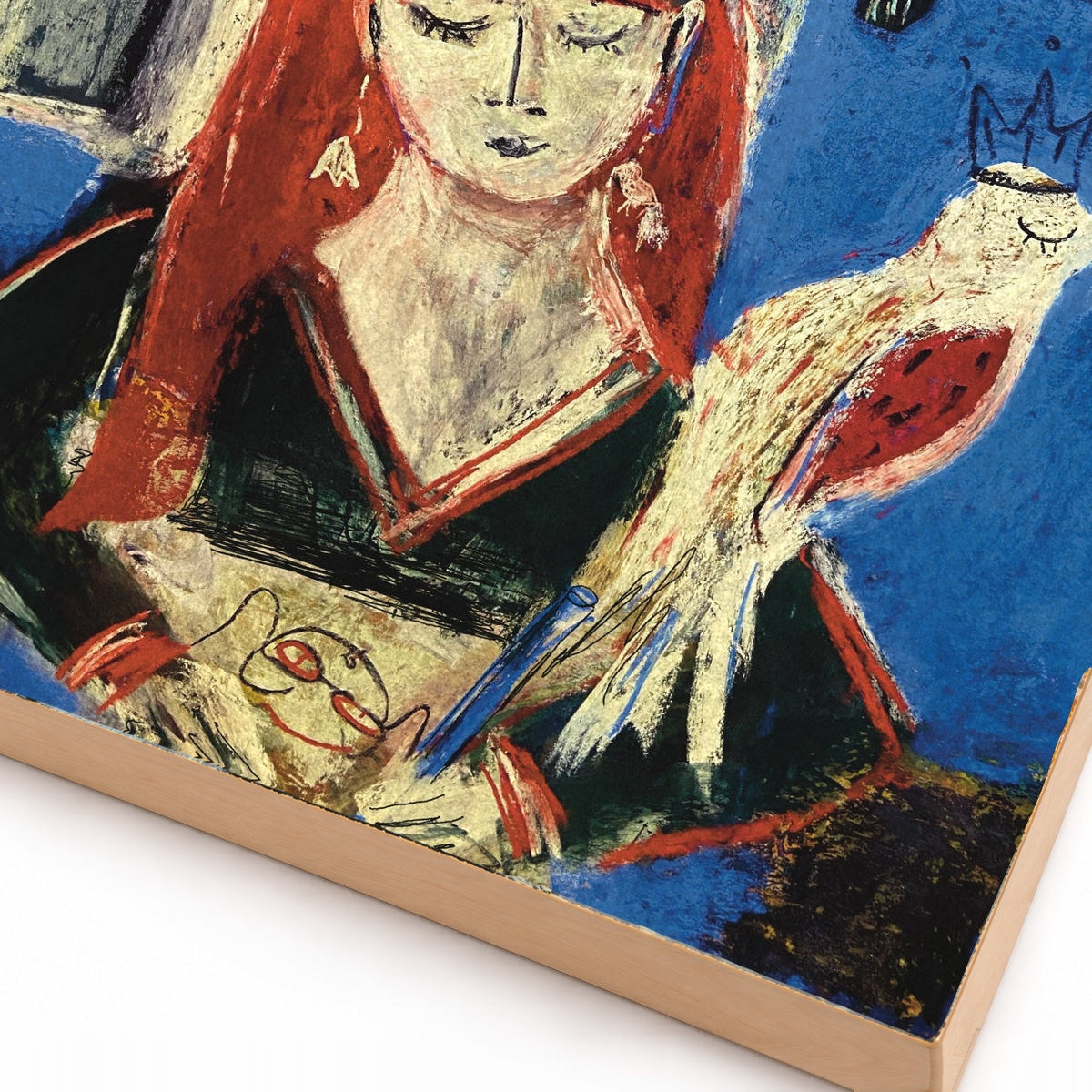 Red-haired girl with cat and bird night time art print, close-up detail of print and wood edge