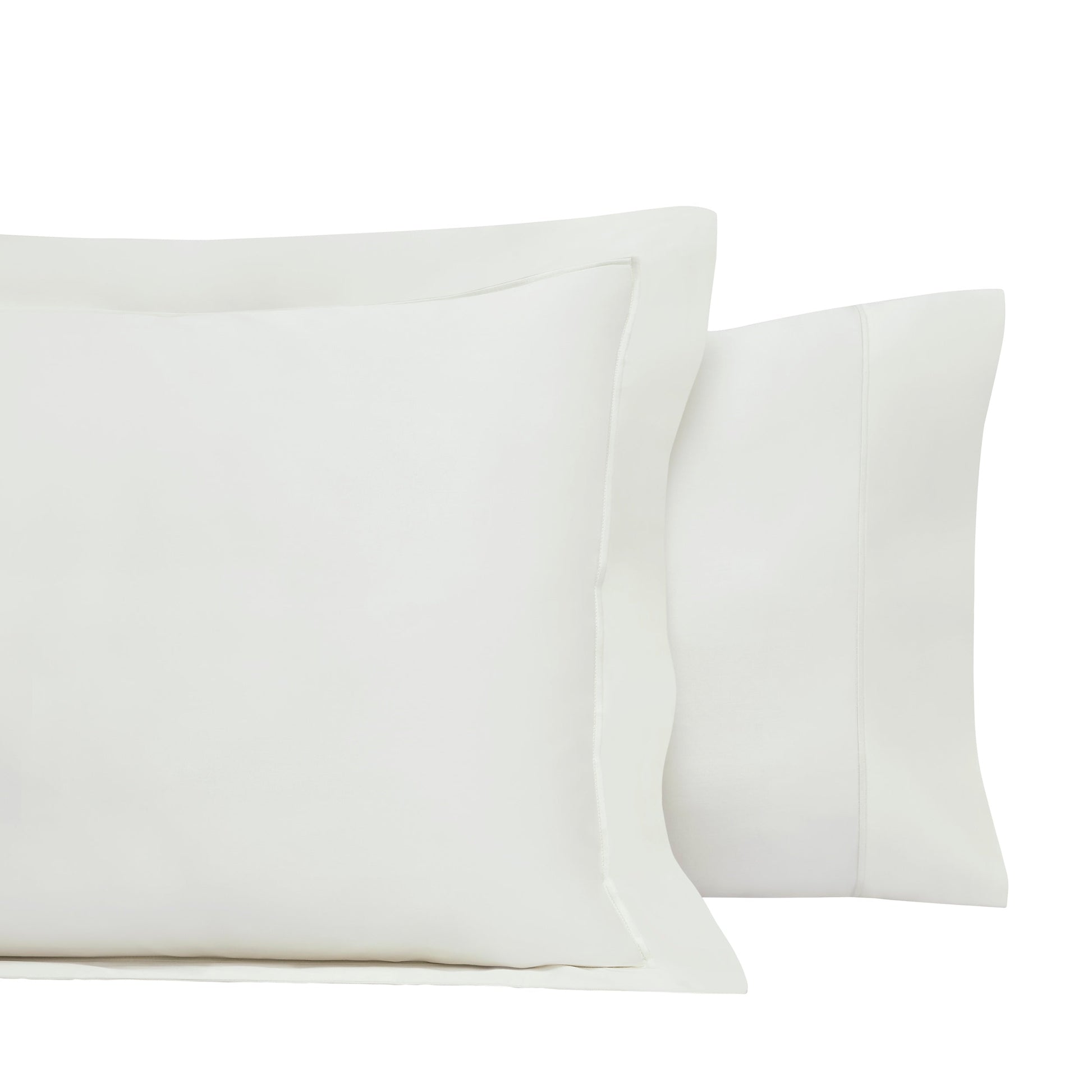 ASP-545-2032_4|Two white 100% cotton pillow shams, one with a decorative flange border and one with a simple hem border.