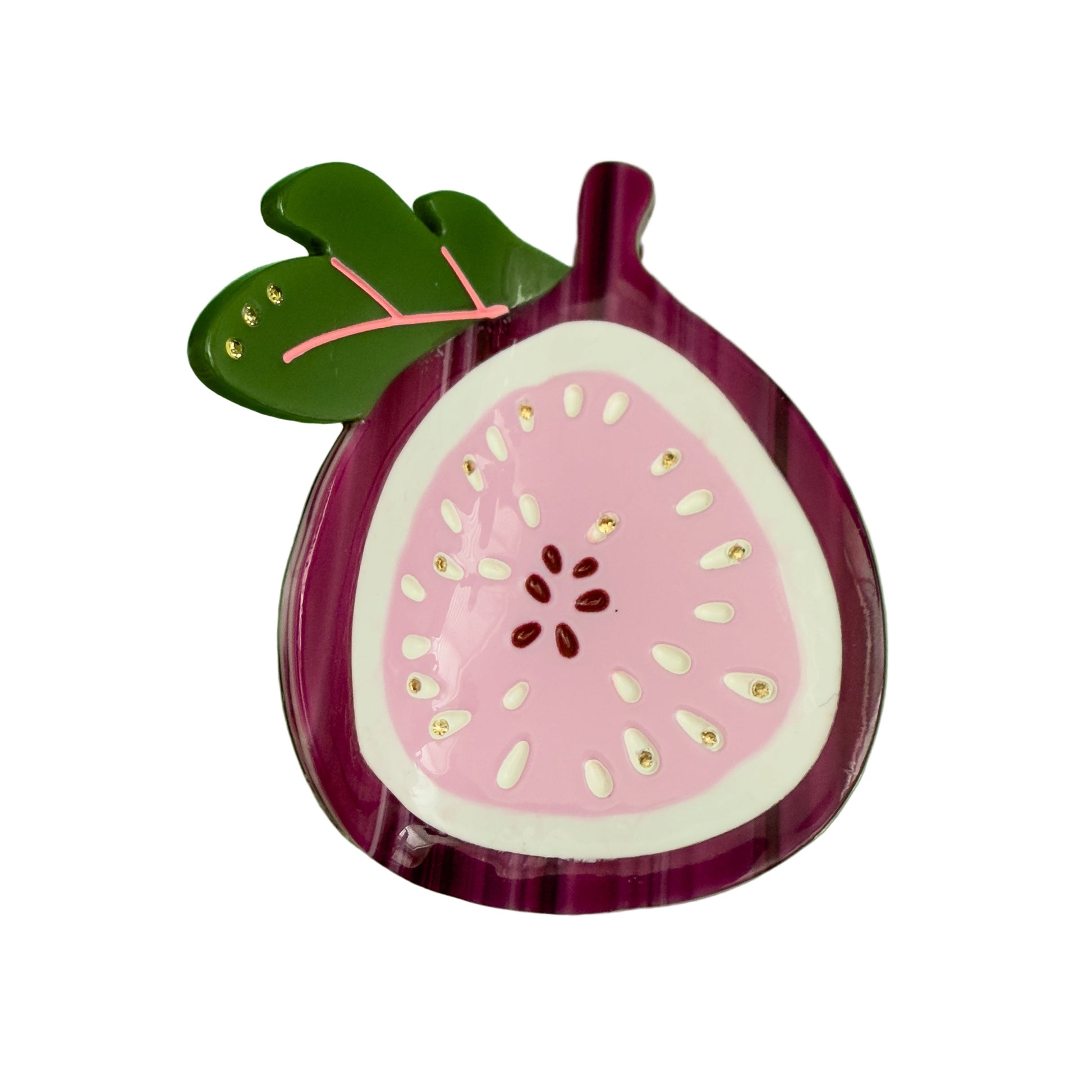 Hair claw fig from centinelle, with a leaf, in pink, purple and green colors