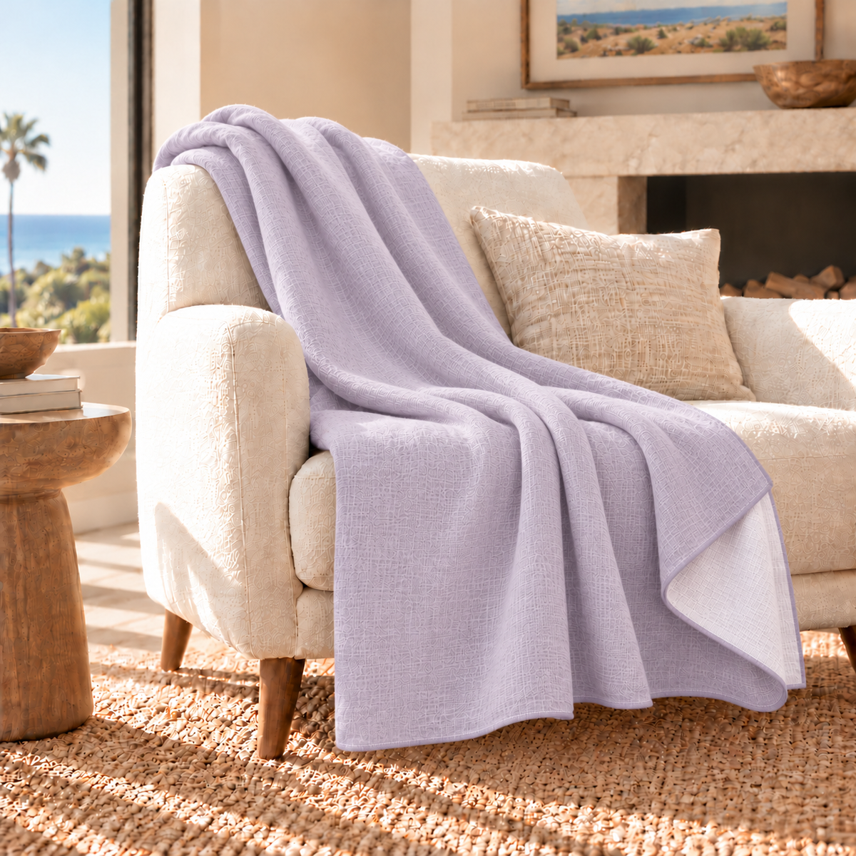 Lavender & White reversible handwoven alpaca throw blanket, Kani Collection, made in Ecuador