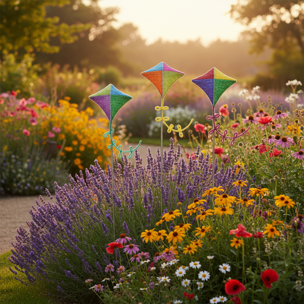 Colorful beaded kite garden stakes set of 3 in a cottage garden with lavender and wildflowers at golden hour