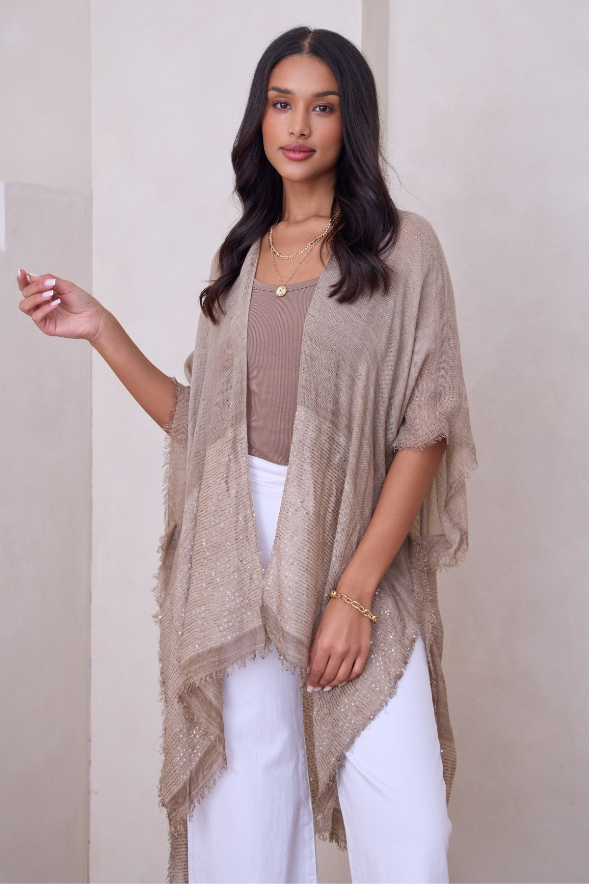 Fringed Sequin Kimono - Taupe