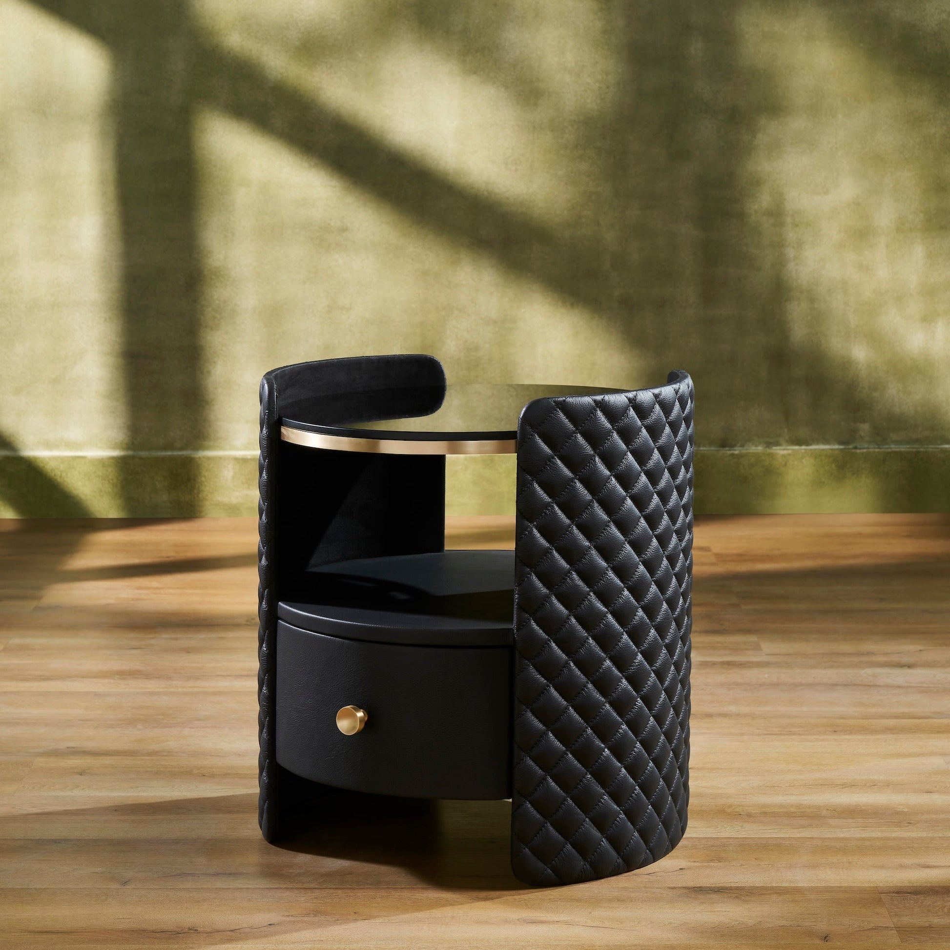 FN-5215-202022_2|Stylish black quilted leather nightstand, a luxurious and modern side table with gold accents, enhancing bedroom decor.