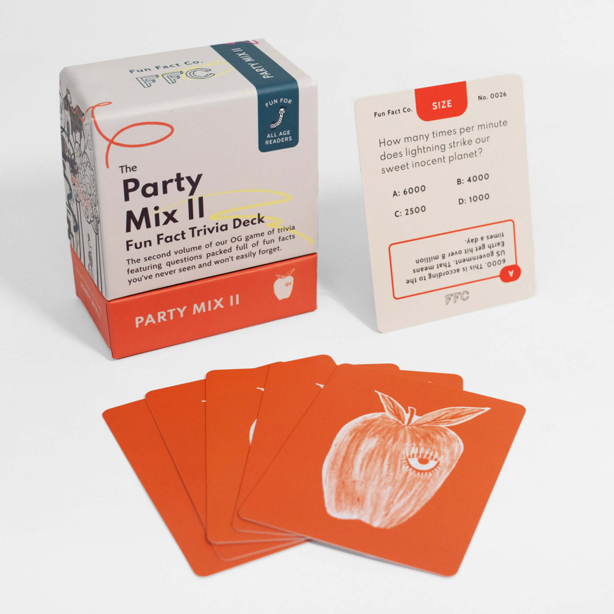 Party Mix II Fun Fact Trivia Deck packaging with cards on a white background