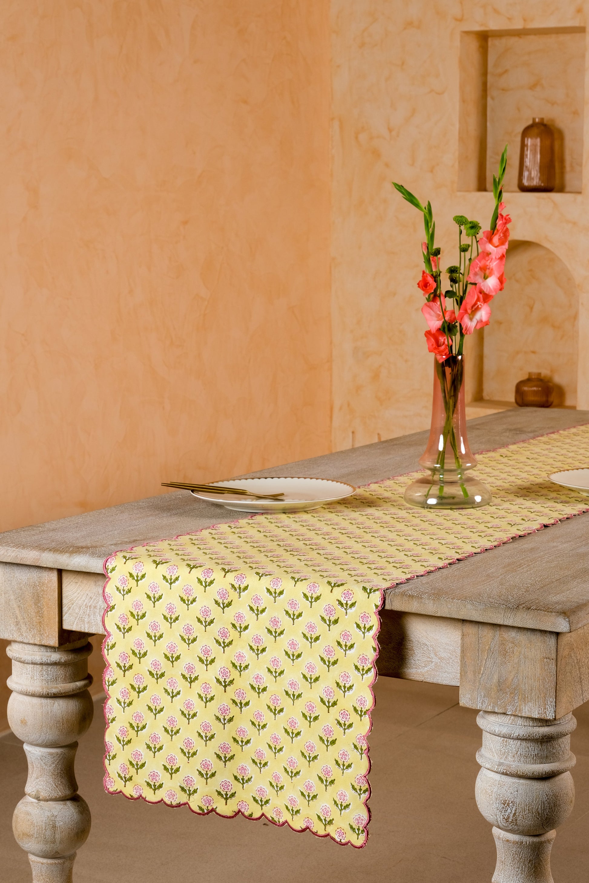 Inner Child butter yellow scallop-edged embroidered blockprint tablerunner with floral design