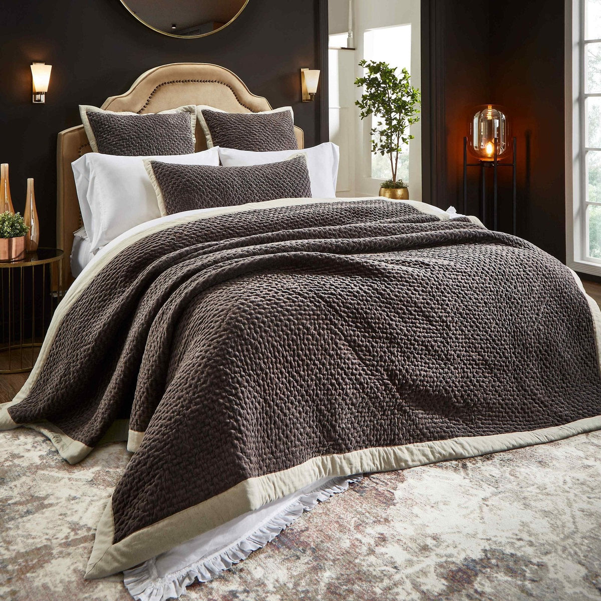 QT-329-11096_1|Luxurious dark brown velvet quilt with a unique textured pattern and elegant beige trim, styled in a modern bedroom setting.