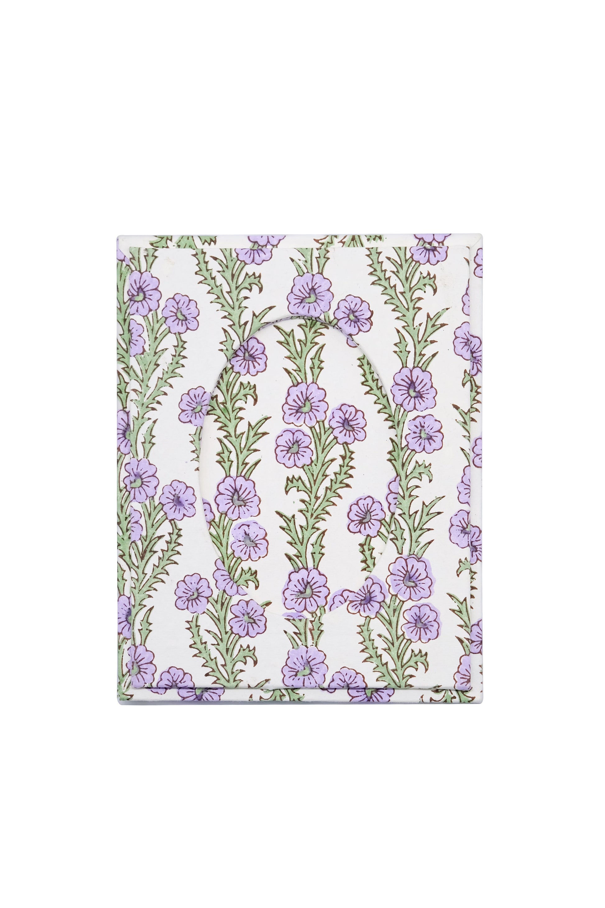 Flat purple forget-me-not floral frame with oval opening