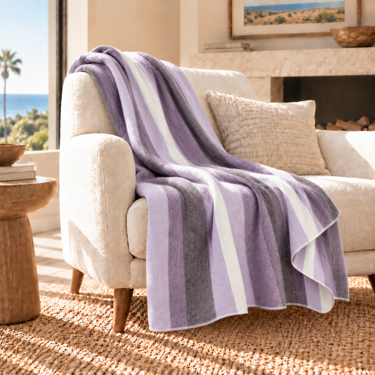 Purple, Lavender & Cream handwoven alpaca throw blanket, Nawi Collection, made in Ecuador