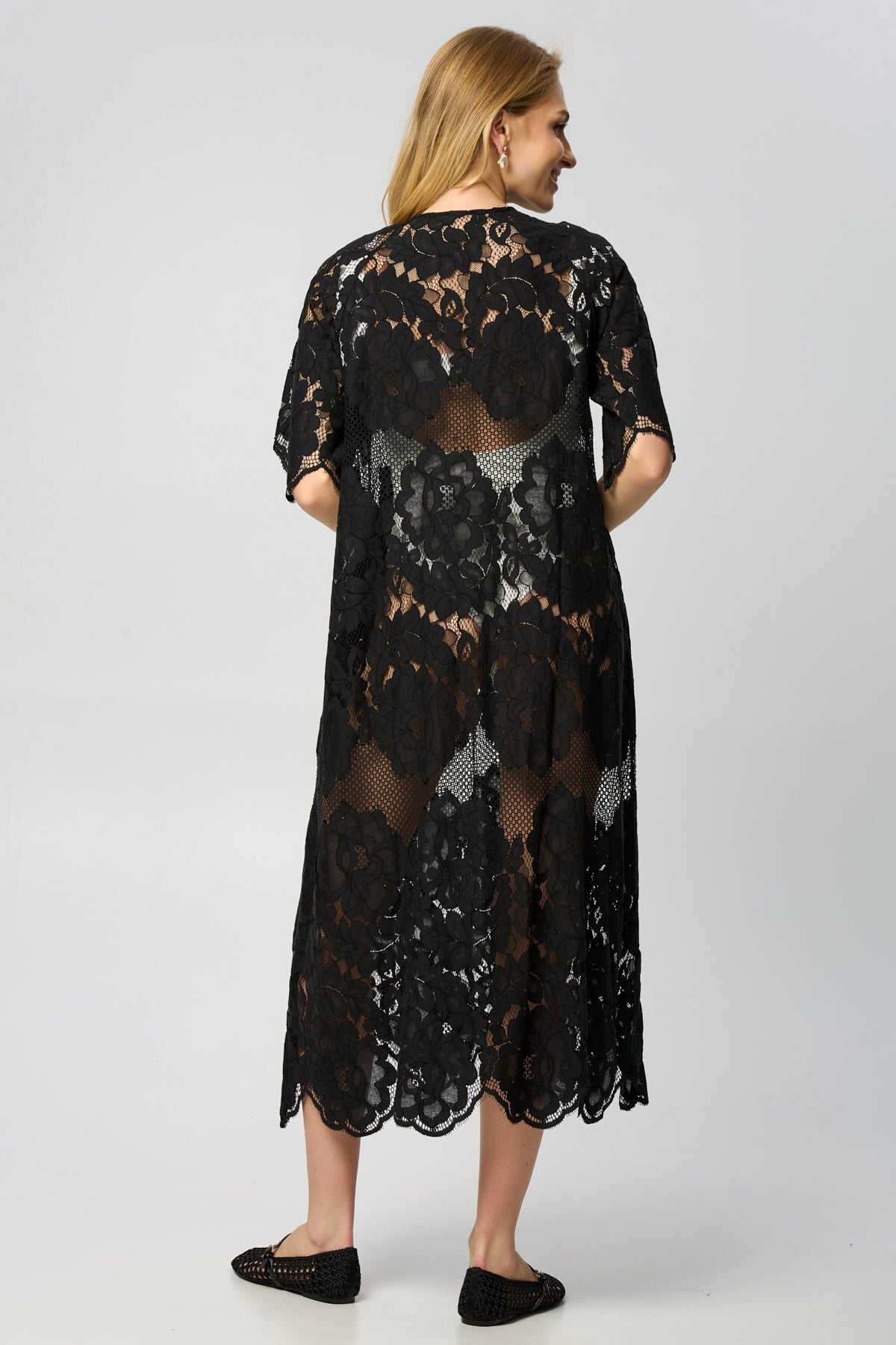 Floral Mesh Lace Kaftan - Black