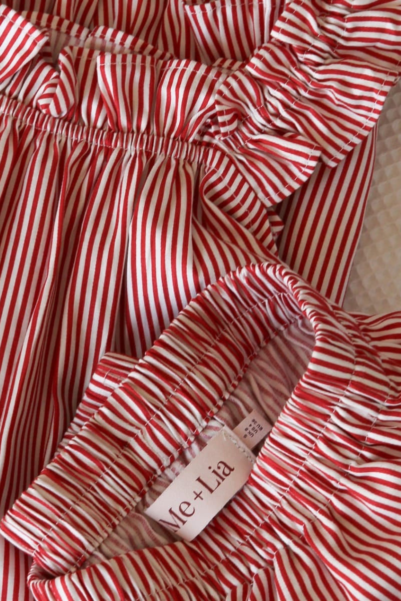 Stella Lounge Set Red — Me+Lia label and frill strap detail on red stripe cotton camisole