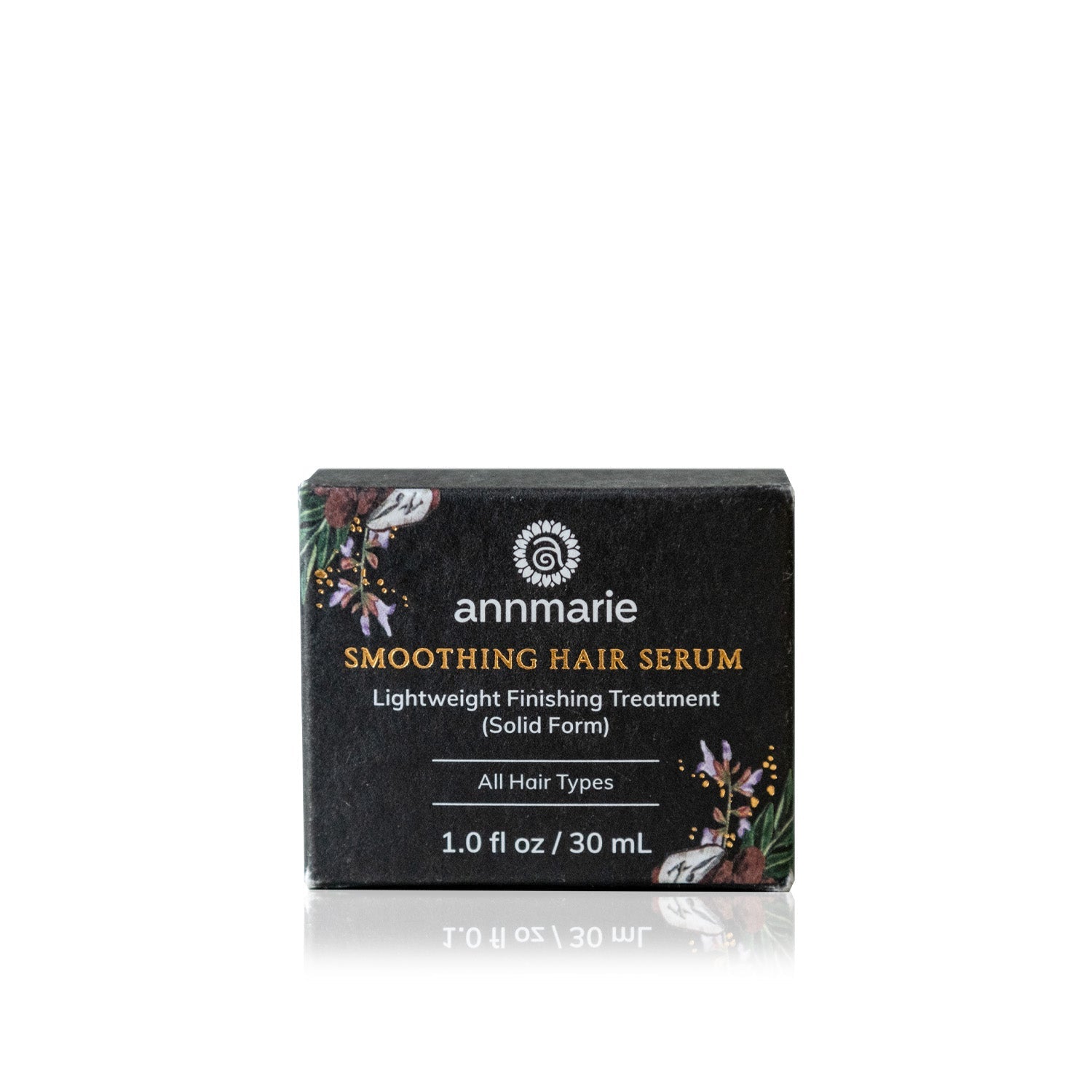 Smoothing Hair Serum lightweight finishing treatment in solid form packaging box, designed for all hair types, 1.0 fl oz / 30 mL.