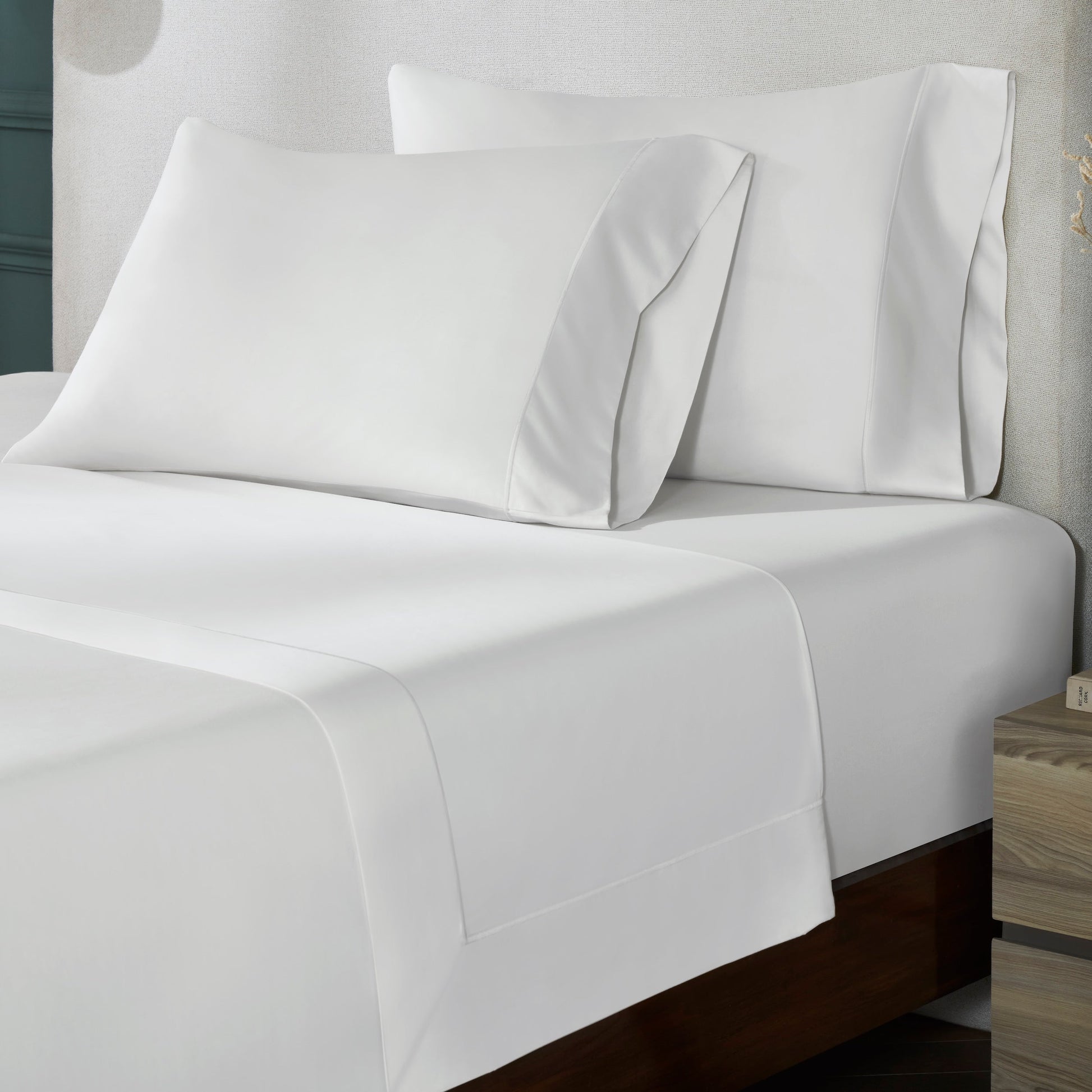 ASP-546-2032_6|White 100% cotton sateen flat sheet with a wide, neat hem and two matching pillowcases displayed on a bedroom set.