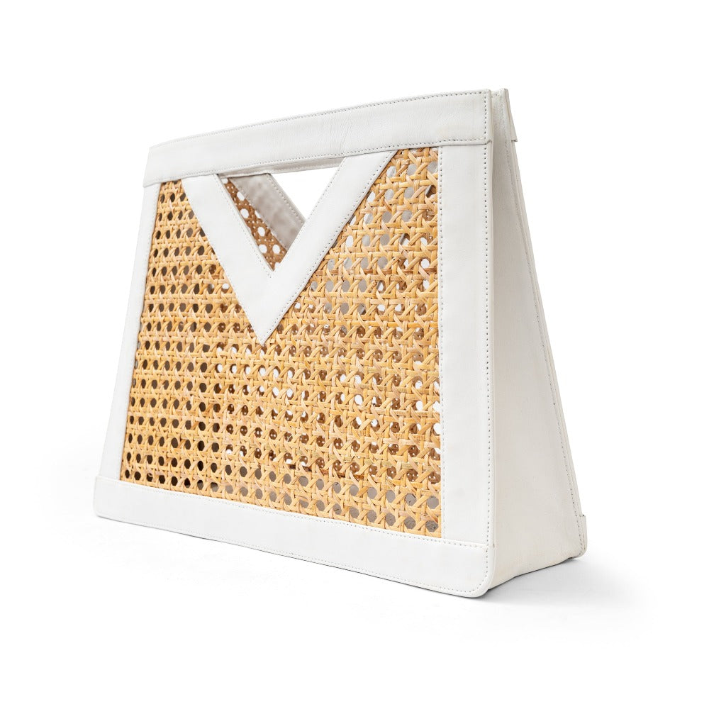 White Leather Trim and Open weave rattan cane webbing Top Handle Tote Basket Handbag
