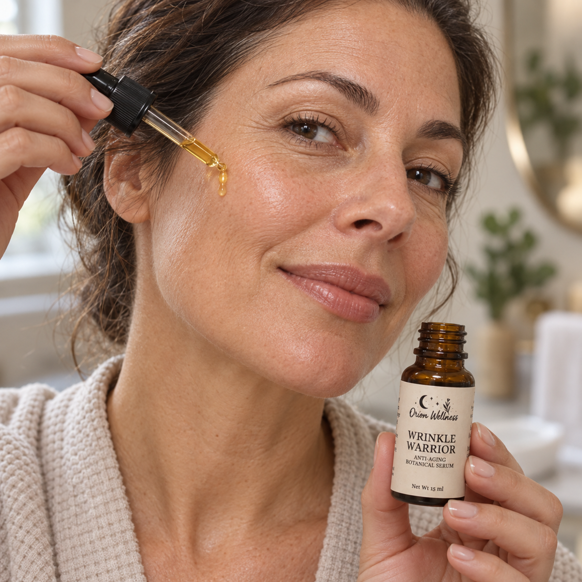 Wrinkle Warrior Facial Oil shown in a natural on-skin application