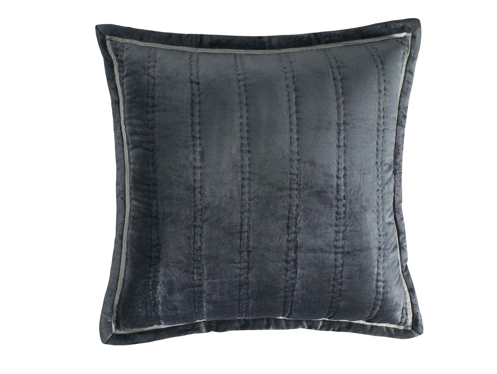 ES-308-2626_1|Luxurious dark grey velvet quilted square with elegant vertical channel stitching and silver trim details. Sophisticated.