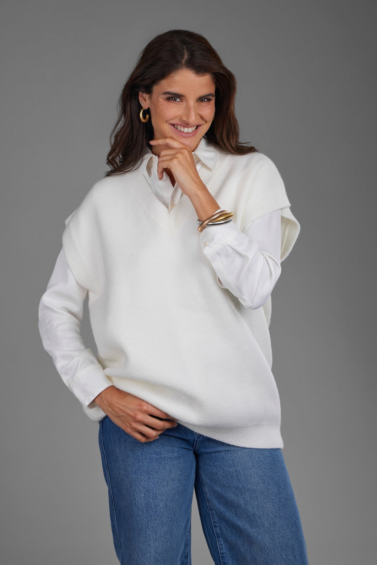 Cotton V Neck Sweater Vest White - White