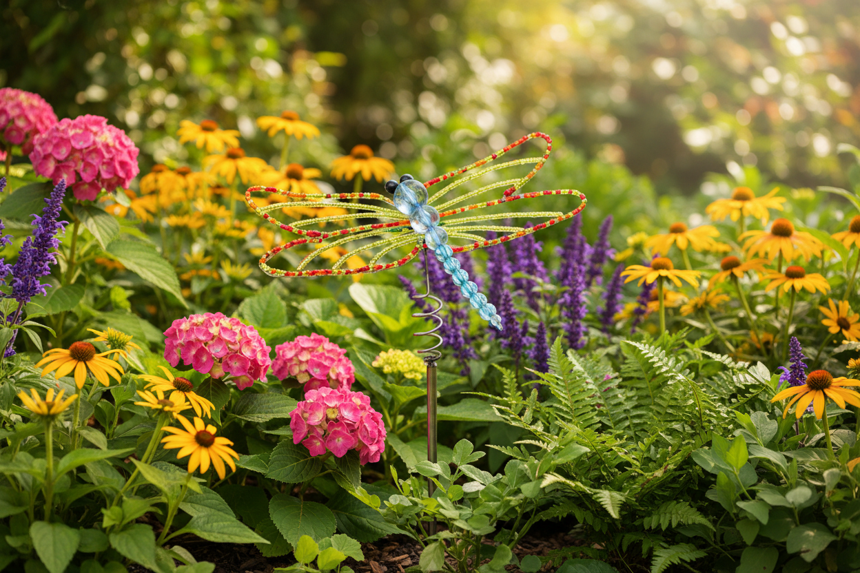Beaded dragonfly garden stakes displayed in a lush garden bed with blooming flowers