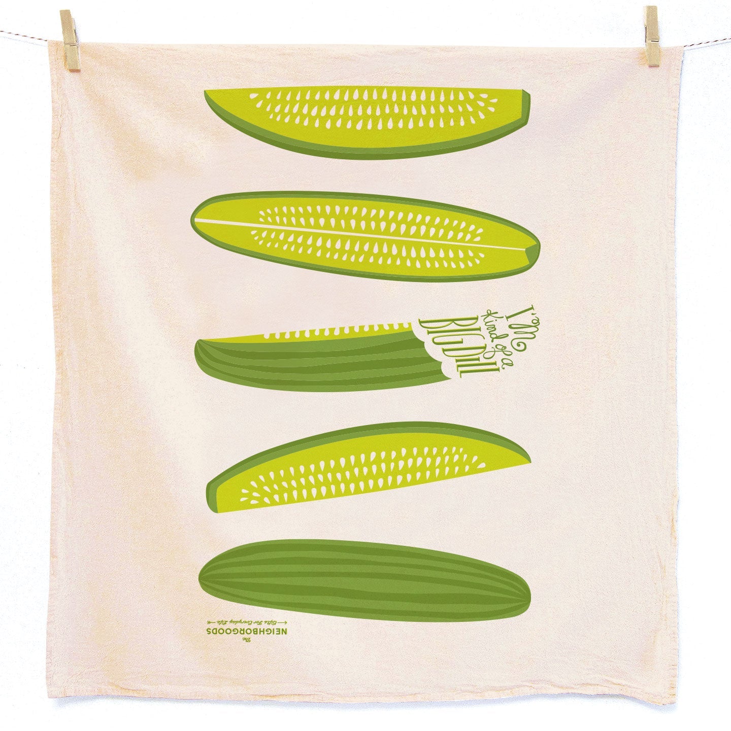 Cotton dish towel with pickle design, featuring the phrase ":I'm kind of a Big Dill"