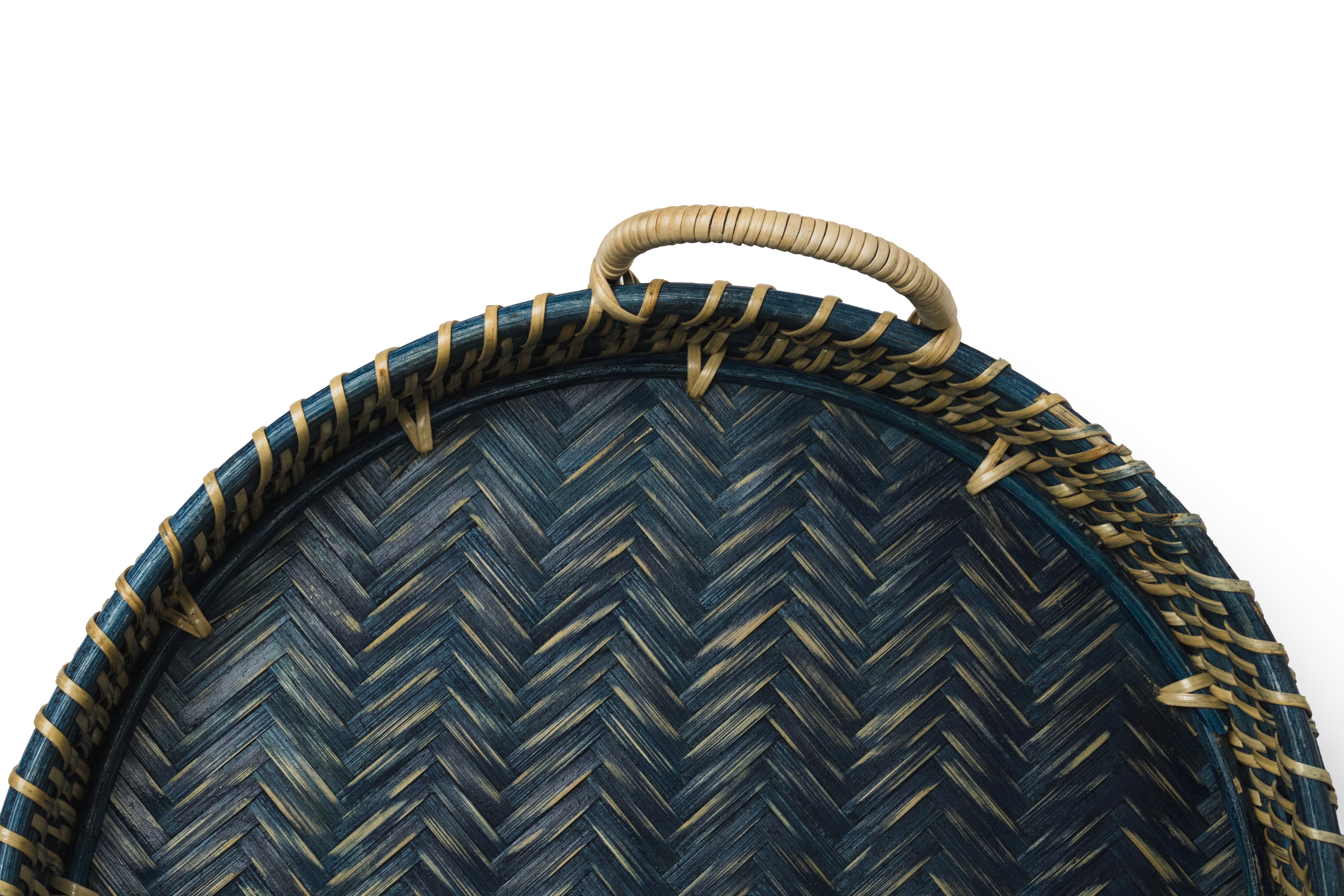 Round Rattan Tray - Navy Blue
