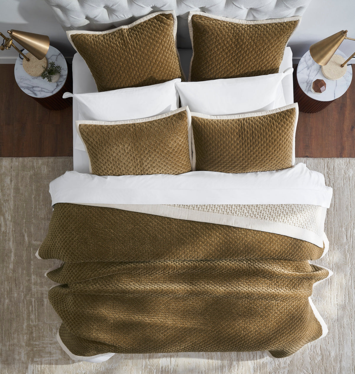 QT-378-9496_5|Golden brown quilted velvet bedspread on a bed with white sheets and matching pillows, creating a cozy luxury bedroom decor.