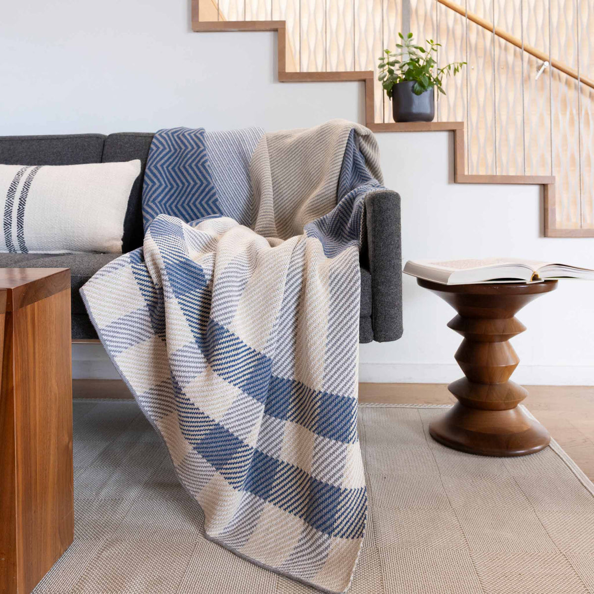 in2green Eco Throw Cotton Sustainable Knit Plaid Solid Throw Blanket - Patchwork Herringbone