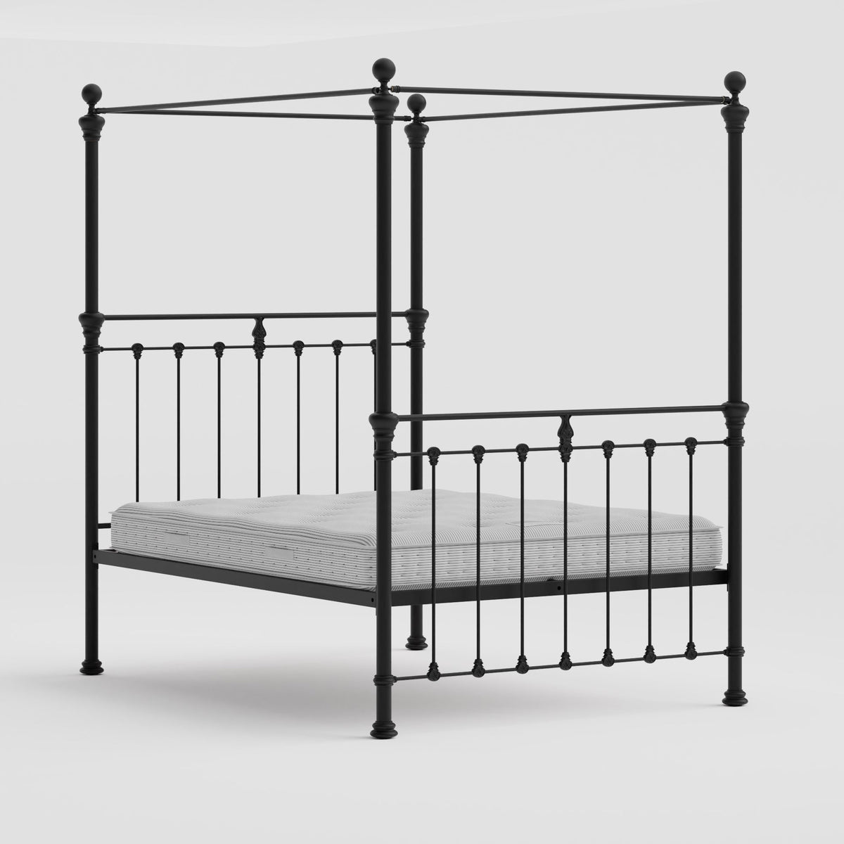 MB-206-7680FP_1|Luxurious black four poster metal bed frame with sleek lines, ideal for modern or traditional bedrooms. Sturdy design.