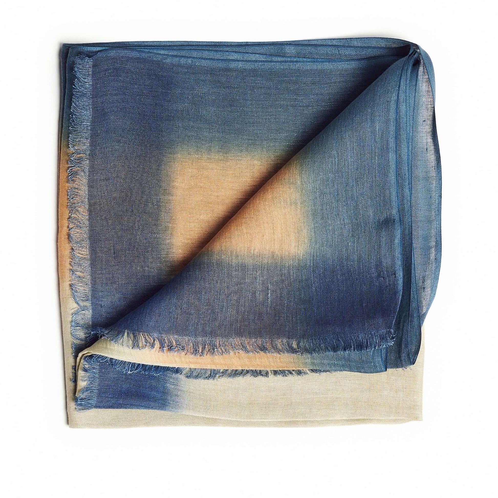 Oceana Beige Soft Linen Silk Handloom Scarf featuring an ombre effect in blue and beige colors, showcasing a soft, handwoven texture.