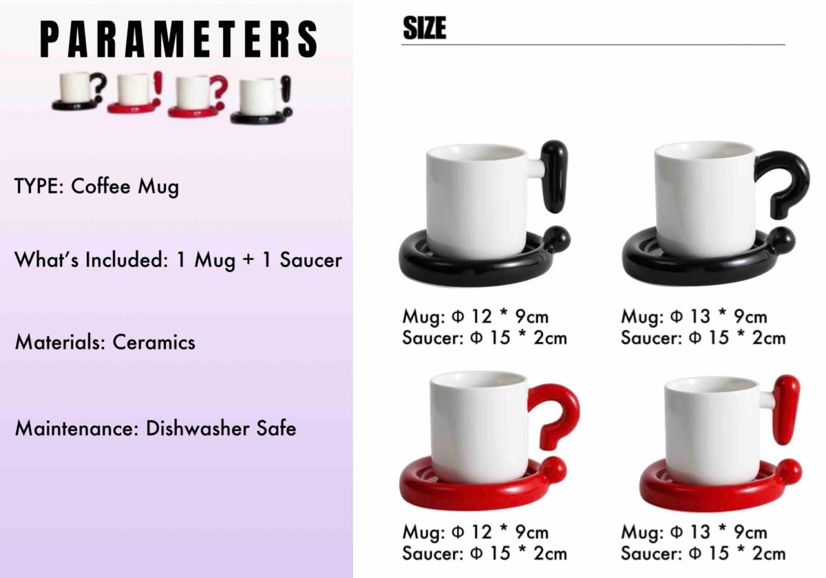 Handmade !? Ceramic Coffee Mug with Saucer - Unique Cute Funny Novelty Mugs - Mugs - !? Ceramic Coffee Mug - Black Question Mark - INSPECIAL HOME