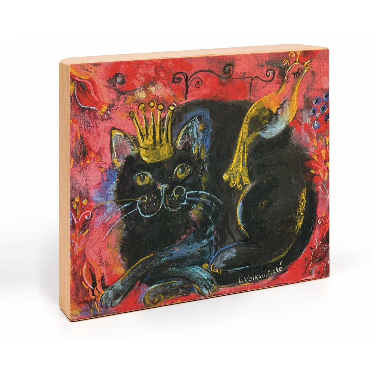 Crowned black cat with bird red folk art print, angled view showing natural wood side